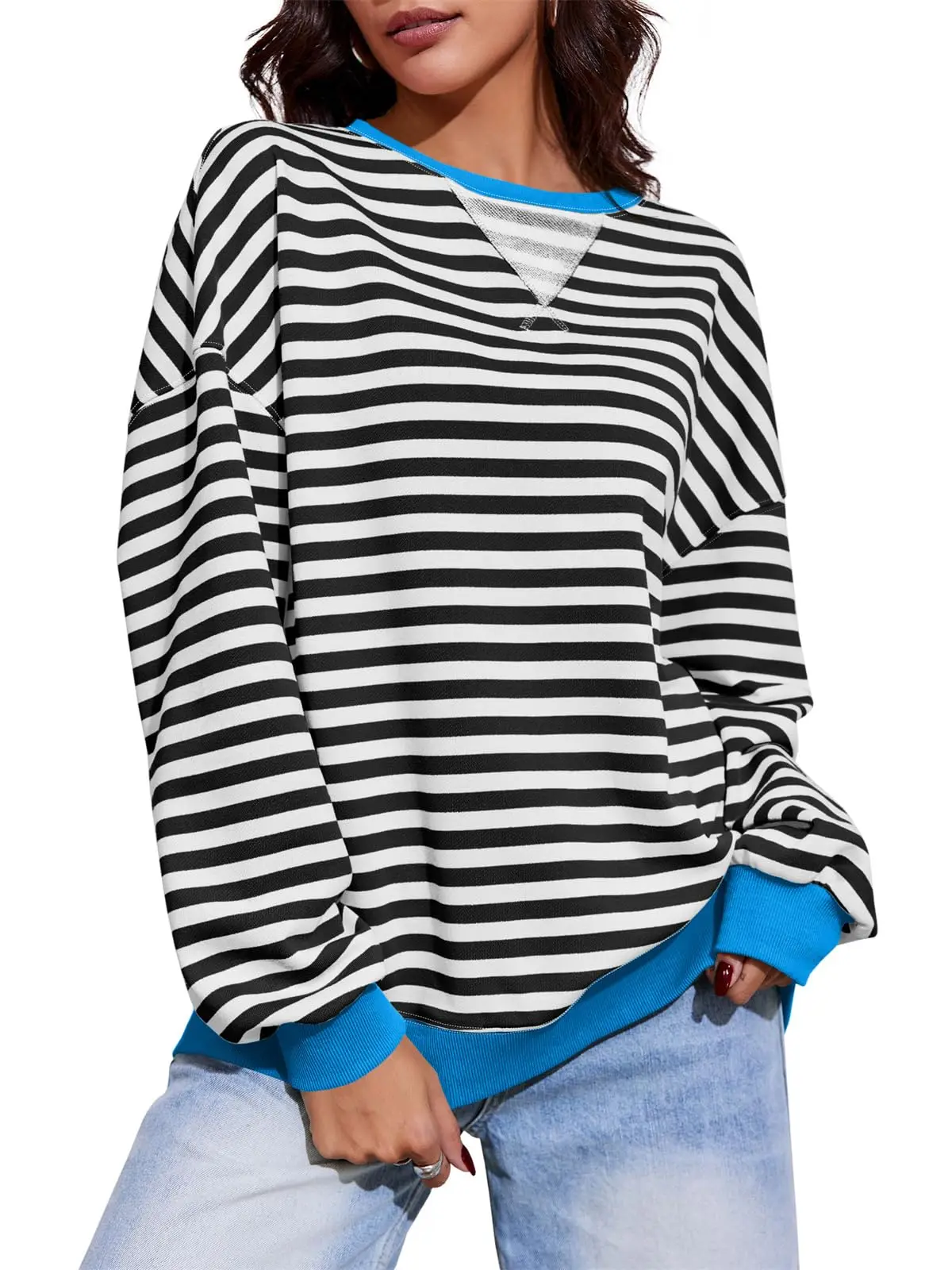 Fisoew Womens Striped Oversized Sweatshirt Color Block Crew Neck Long Sleeve Shirt Casual Loose Pullover Top Y2K Clothes