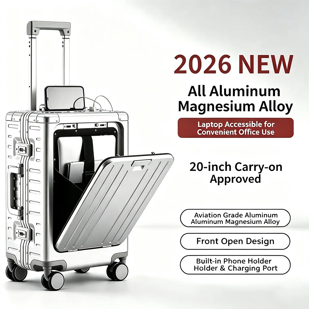 Checkered Pattern Thickened Durable Full Aluminum‑Magnesium Alloy Travel Trolley Suitcase Luggage 20 Inch Carry‑on Boarding Case