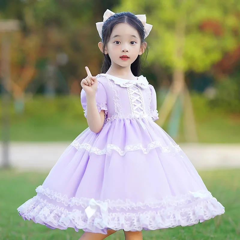 2025 Boutique Lace Splicing Summer Girls Dress Fashion Baby Girl Lolita Princess Dresses Children Bubble Sleeves Bow Ball Frocks