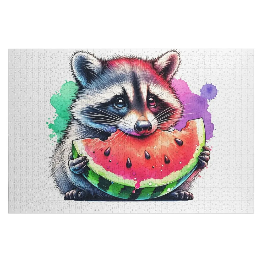 

Watercolor Raccoon Eating Watermelon Jigsaw Puzzle Wooden Boxes Personalized For Kids Anime Personalised Name Puzzle