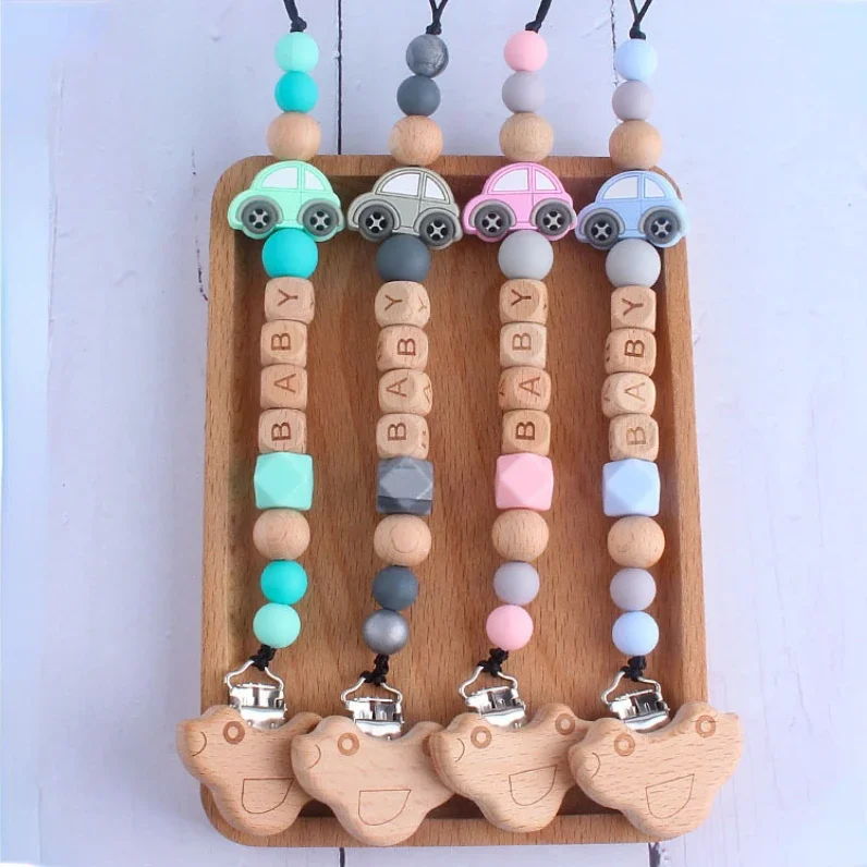 

Baby Pacifier Clips Personalized Name Wooden Car Dummy Nipples Holder Clip Chain Newborn Teething Toy Accessories Infant Feeding