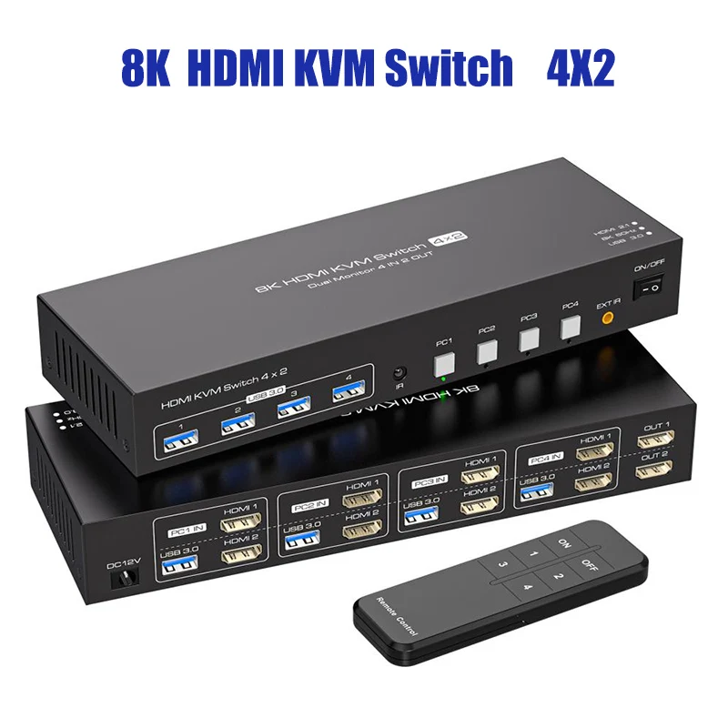 8K Dual Monitor HDMI KVM Switch 4 Computers 2 Monitors,4 Port KVM Switches for 4 PC Share 4 USB 3.0 Devices 8K@60Hz 4K@120Hz