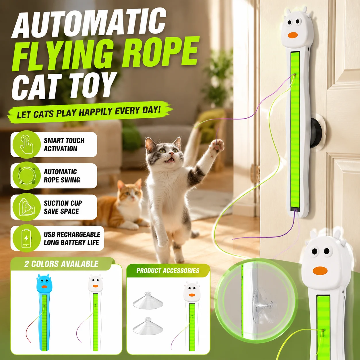 Automatic Flying Rope Cat Toy Smart Touch Activated Teaser Toy USB Rechargeable Auto Swing Rope with Suction Cup Pet Play Toy