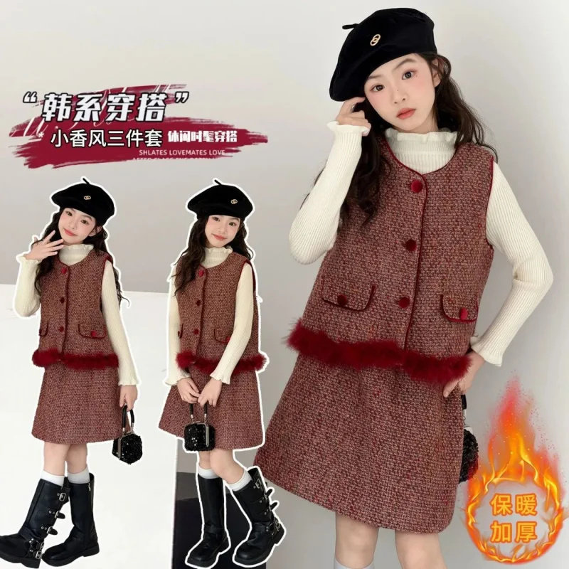 Girls' Autumn Winter New Fashionable  Vest and Skirt Set with Color-Block Ruffle Collar and Base Layer Three-Piece Set