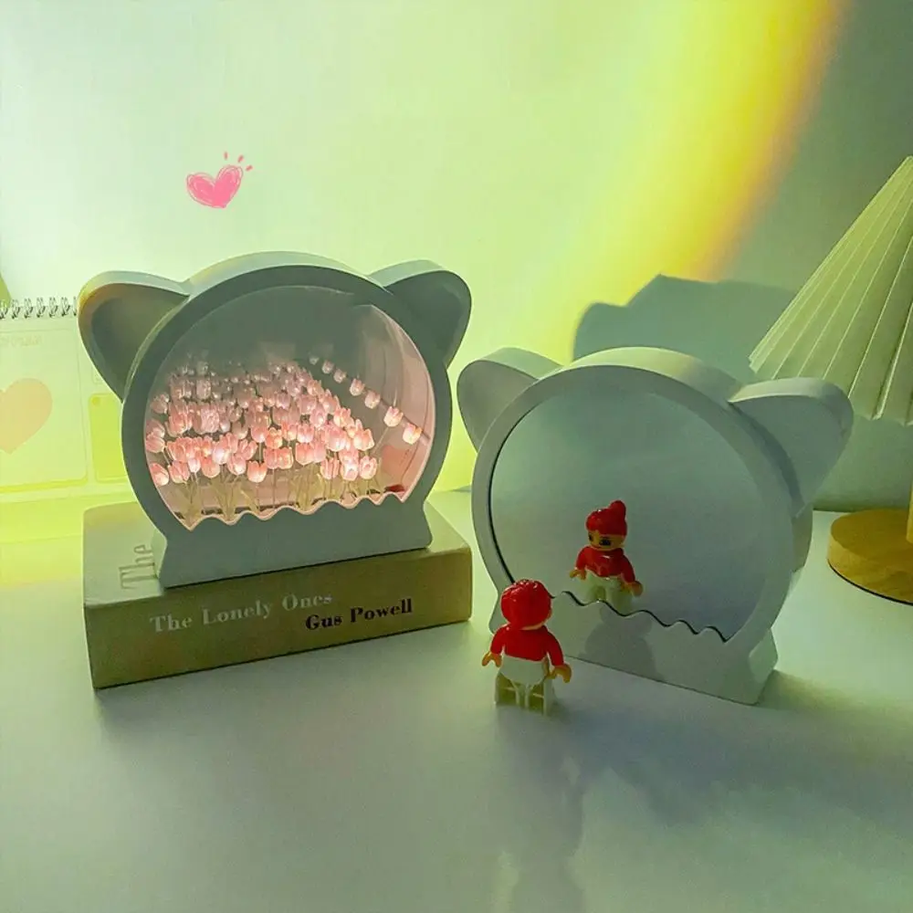 Handmade Cat Head Tulip Mirror Three-Dimensional Creative Bedside Lamp Artificial Simulating Flower LED Night Light Office