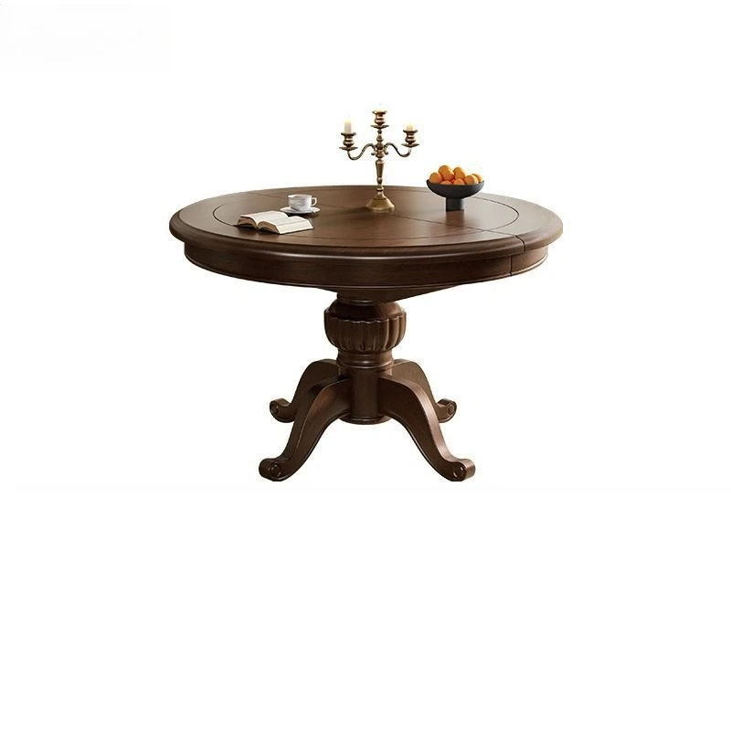 

Dining table, American, retro, rubber solid wood, dining table, household, small apartment, retractable, folding, round table