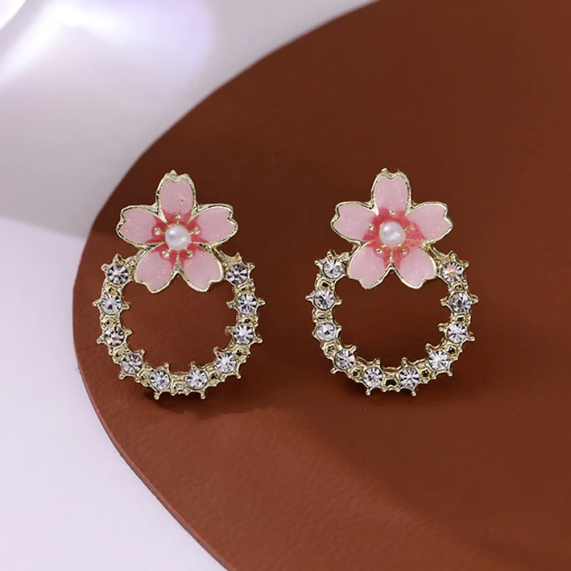 Guangtuo Pink Cherry Stud Earrings for Women Crystal Elegant Sweet Girls Korean Fashion Hollow Round Small Flower Earrings