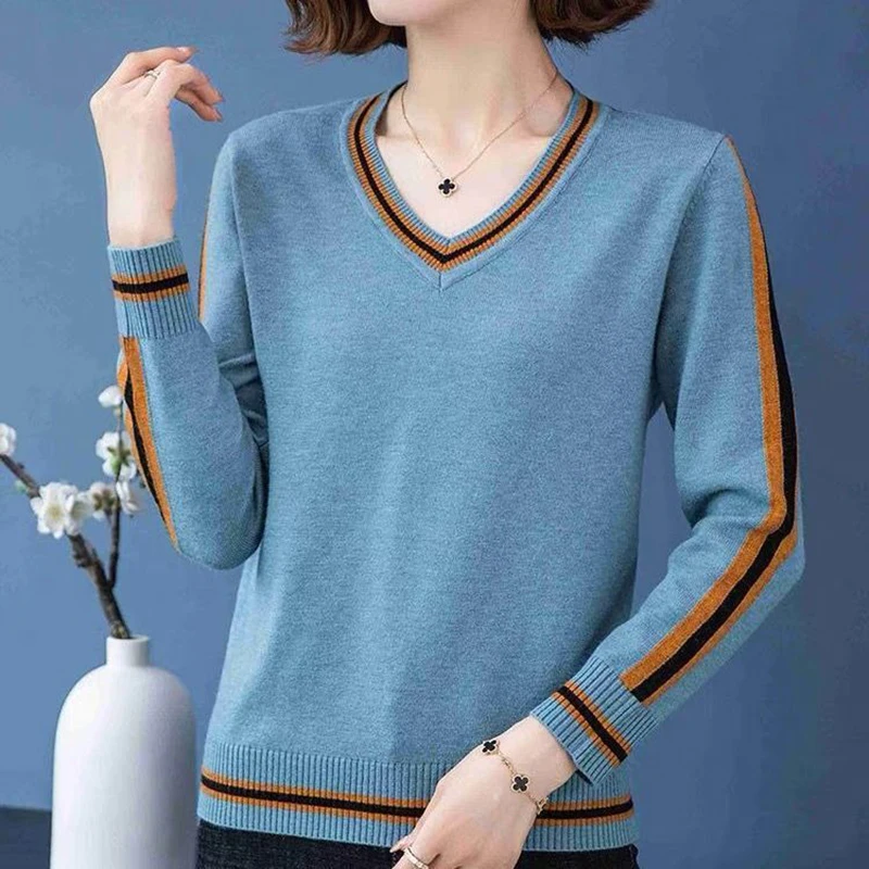 

Fashion V-Neck Long Sleeve Spliced Striped Sweaters Women Clothing 2024 Autumn New Loose Knitted Casual Pullovers Commuter Tops