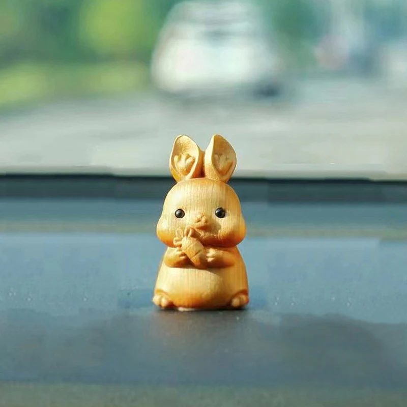 Mini Wood Carving Easter Rabbit Ornaments Zodiac Statue Cute Rabbit Animal Decor Office Desktop Decor Car Decoration Party Gift