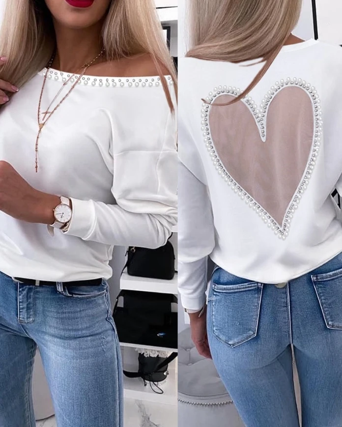 Heart shaped transparent mesh round neck long sleeved bead transparent mesh T-shirt for women's fashionable casual top