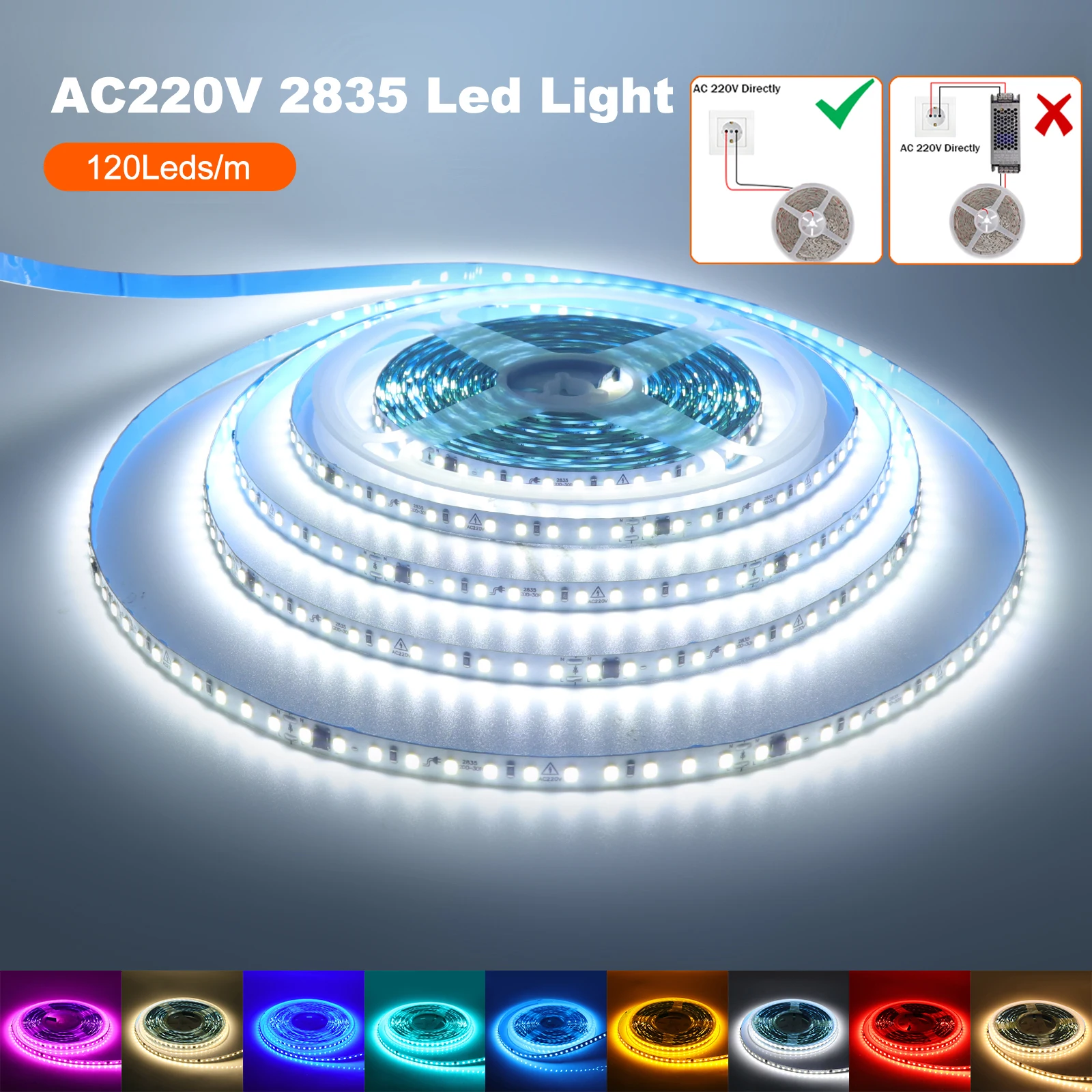

220V 240V LED Strip 5M 10M 20M 50M IP44 2835 120Leds/M Flexible Tape Ribbon 10CM Can Be Cut NO Need Driver Rope Light 9 Colors