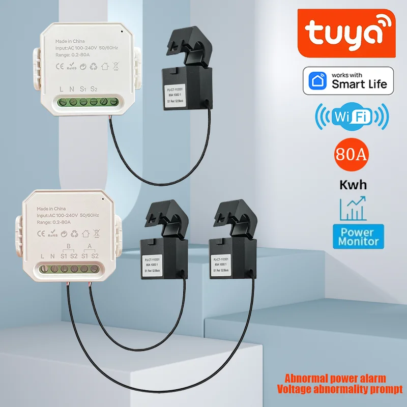 Tuya Smart Life WiFi Energiemeter 80A 1/2 Kanaals met Klem App Monitor Solar Export en Import Power AC100V/240V