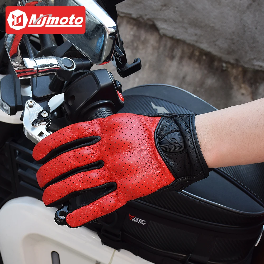 Retro Leather Men's Women's Motorcycle Gloves Summer Breathable Motorcyclist Gloves Red Yellow Black Biker Gloves Perforated S