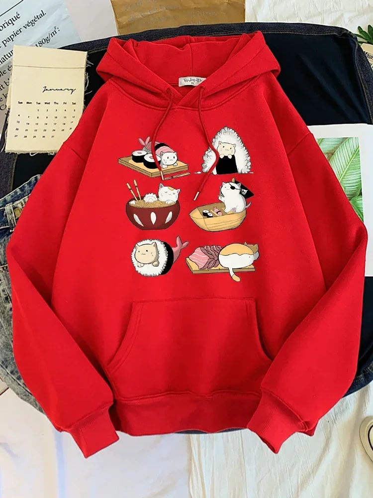 Womens Clothes Hip Hop Autumn Hooded Fleece Warm Sweatshirt Woman Hoodie Cat Hiding In Sushi Women Hoodies Streetwear Oversized