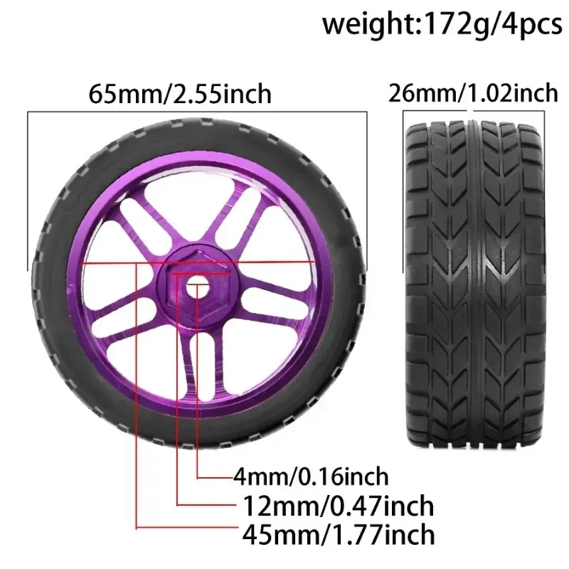 

1/10 RC Racing Wheels Tires Set - 12mm Hex Metal Rims for HSP HPI Kyosho - On-Road Tamiya TT01/TT02/XV01/XV02 Car Upgrade
