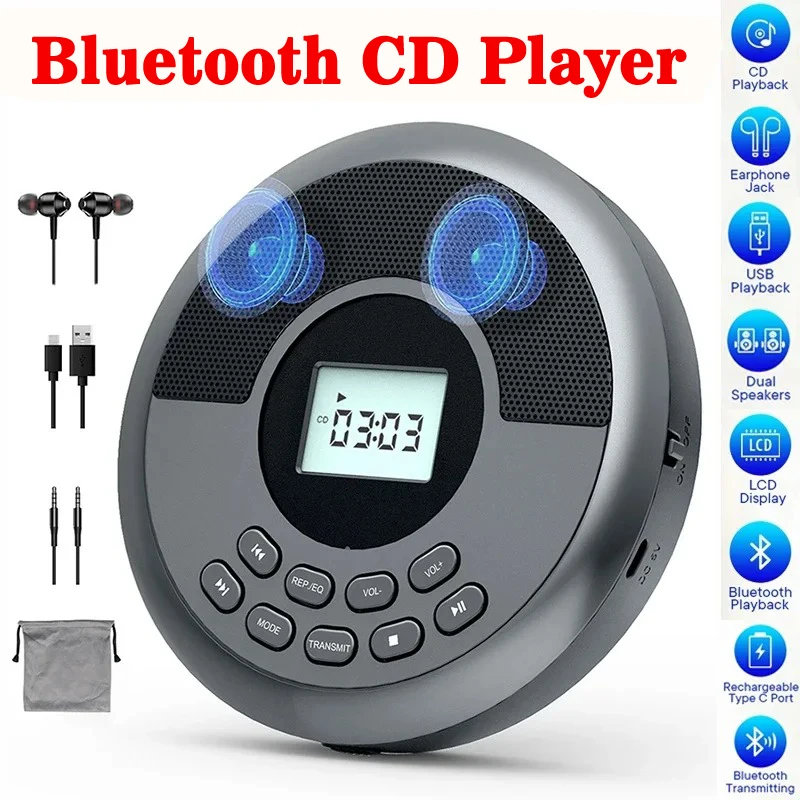 

CD-плеер Bluetooth с динамиком Стерео и наушники Перезаряжаемые Discman Walkman USB MP3 Музыка U Диск Альбом Плееры