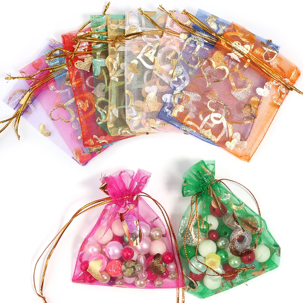 10pcs Hot Printing Organza Gift Bag  Mini Sachet Gold Color Drawstring Bag For Jewelry Heart Drawstring Packaging Pouches