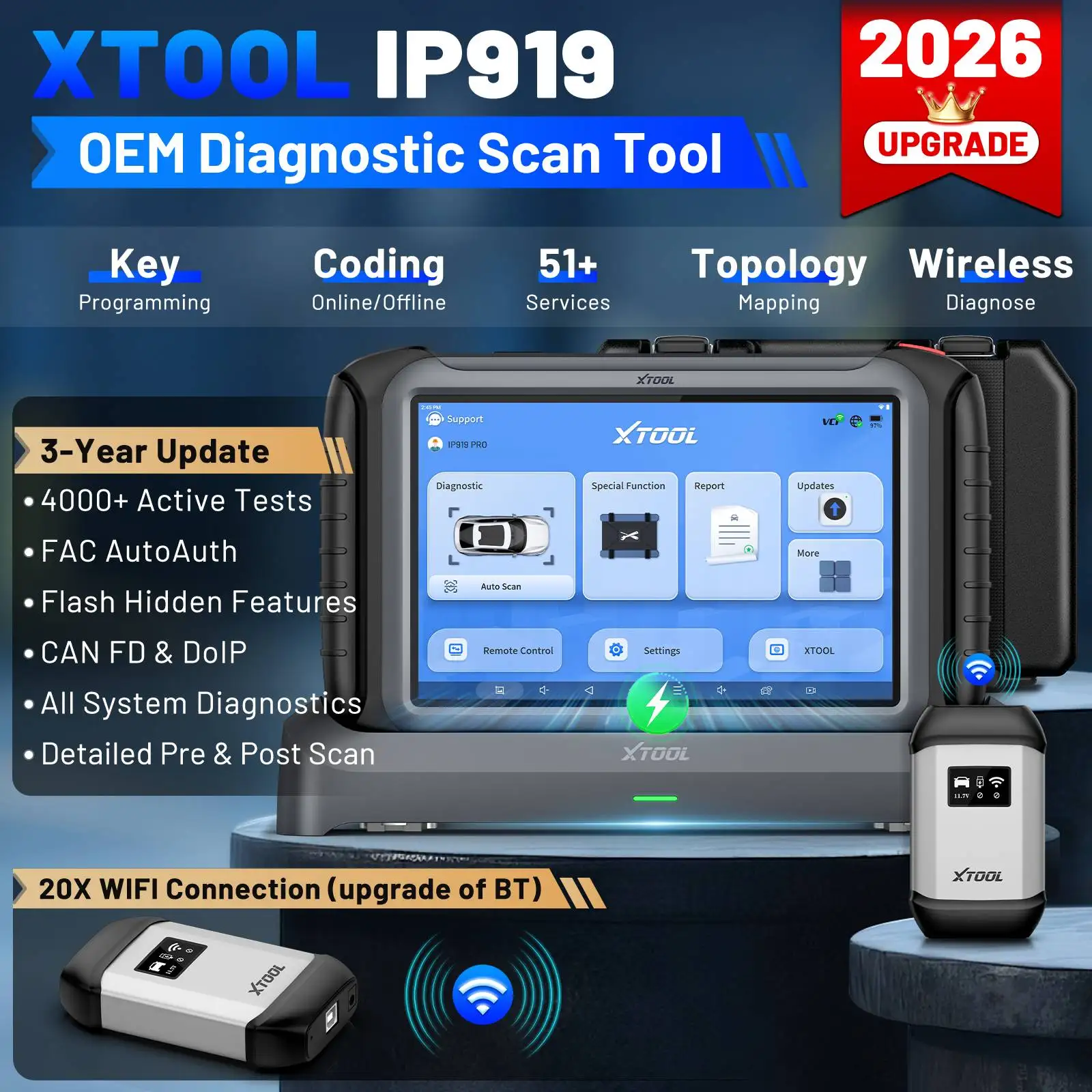 XTOOL INPLUS IP919 Car Diagnostic Tool Full System Smart Key Programmer ECU Configuration VAG Guided with 51+Resets CANFD DOIP FCA