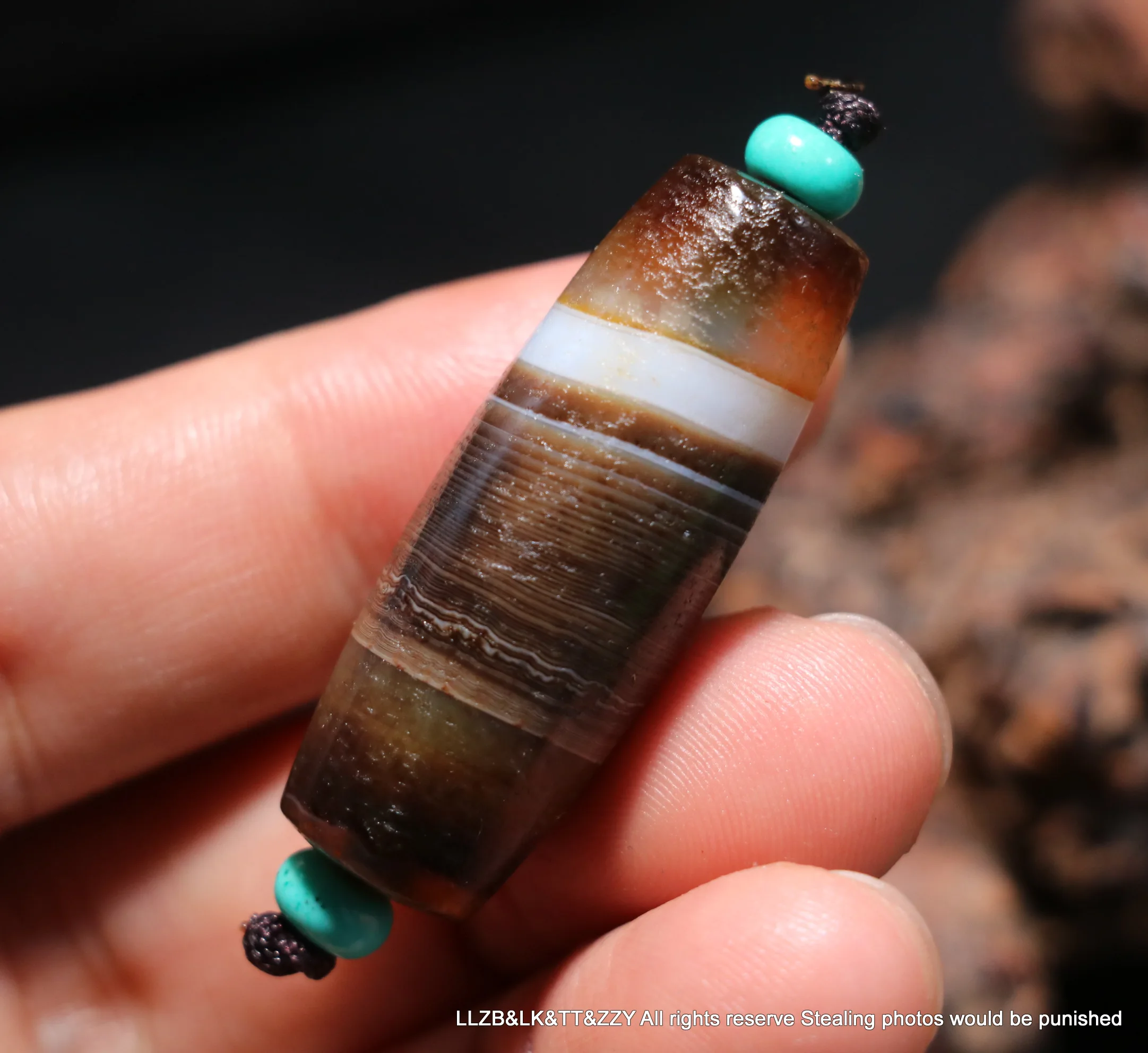 

Energy Tibetan Top Old Agate Coffee Color Silkworm Line Rich Symbol dZi Bead 5A LKbrother Talisman Treasure