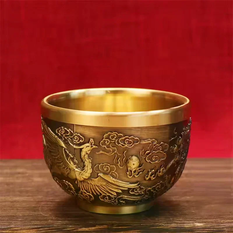 Good Luck Phoenix Cylinder Ornament Traditional Hand Carved Brass Drinking Cup Pure Brass Brass Feng Shui Bowl Lucky Ornament