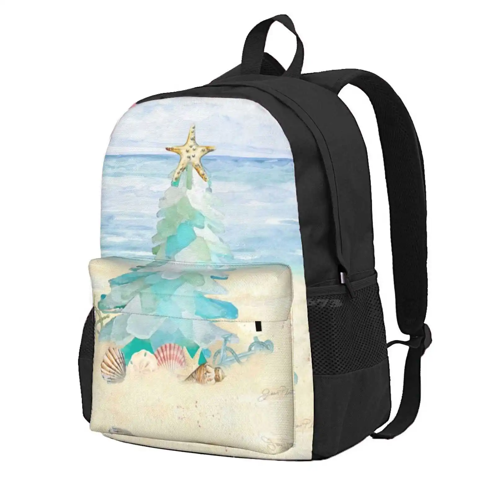 Coastal Seaglass Christmas Tree B Hot Sale Schoolbag Backpack Fashion Bags Coastal Ocean Beach Seagrass Shells Starfish Actor