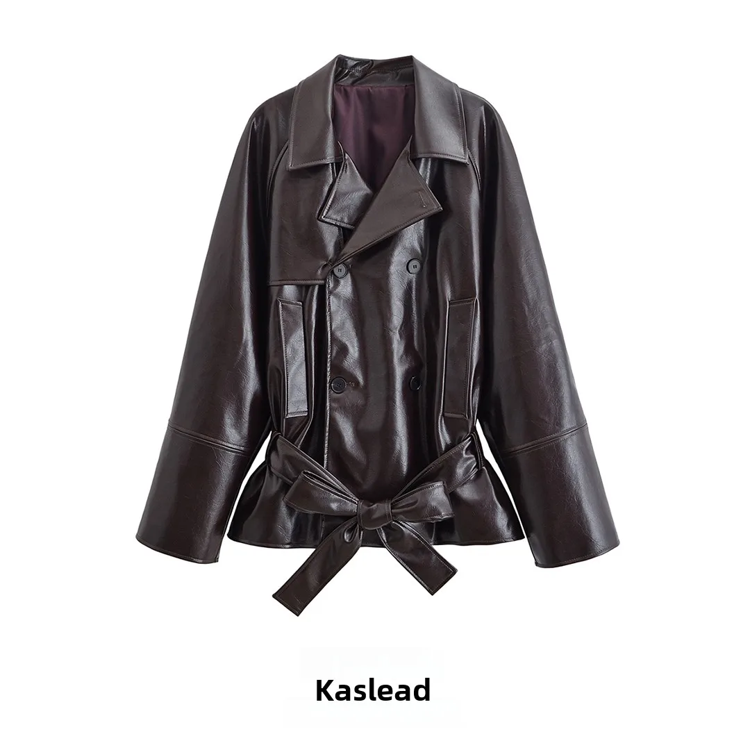 KASLEAD New Women's ort Bright Fini Fitted Waist Jaet European Sle Long Sve Double Button Polyester Fiber Coat