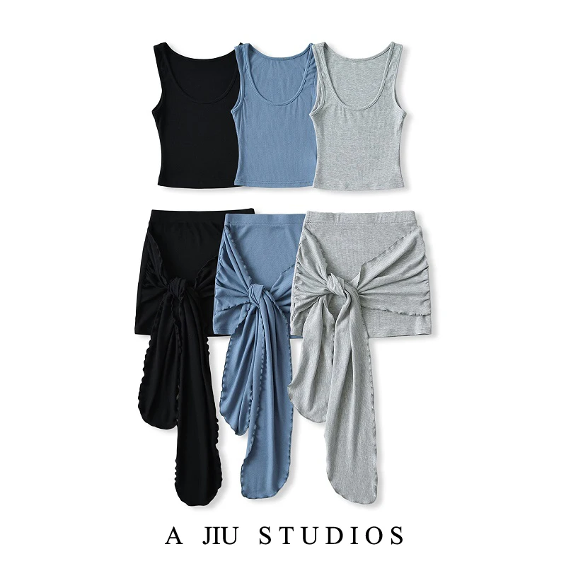 

Sexy Spicy Girl U-Ne Tight Svel ort Crop Top Strap Vest High Waist Belted Skirt Set Women's Faion Summer Outfit