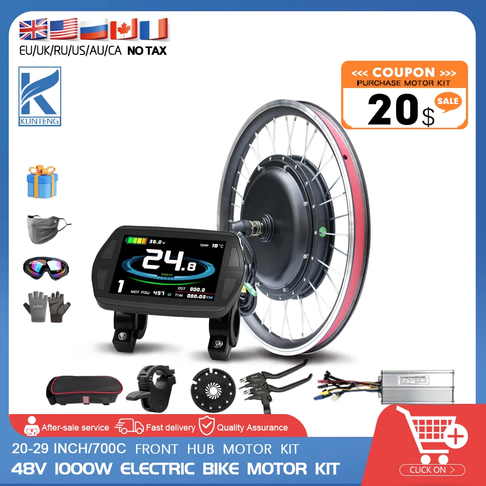 

48V 1000W Ebike converter kit Hub Motor Wheel Dropout 100mm Brushless Gearless Front Motor Wheel 20-29 Inch 700C Bike Wheel