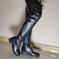 LAIGZEM Women Over Knee Boots Round Toe Side Zip Shoes Lace Mid Heels Tall Boots Unisex Shoes Woman Plus Big Size 41 42 44 46 50