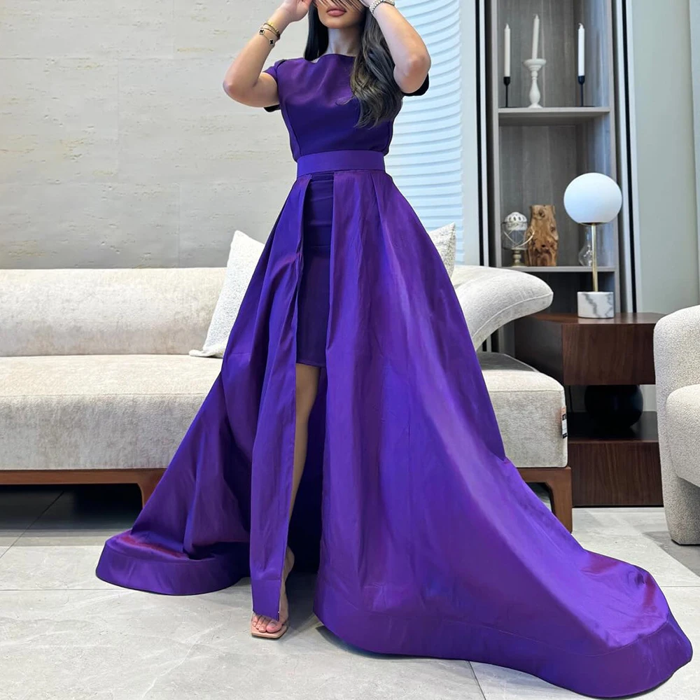 

Customized Exquisite Sashes Draped High Neckline Floor Length A-Line Evening Dress Jersey Short Sleeves Sweep Train Vestido De F