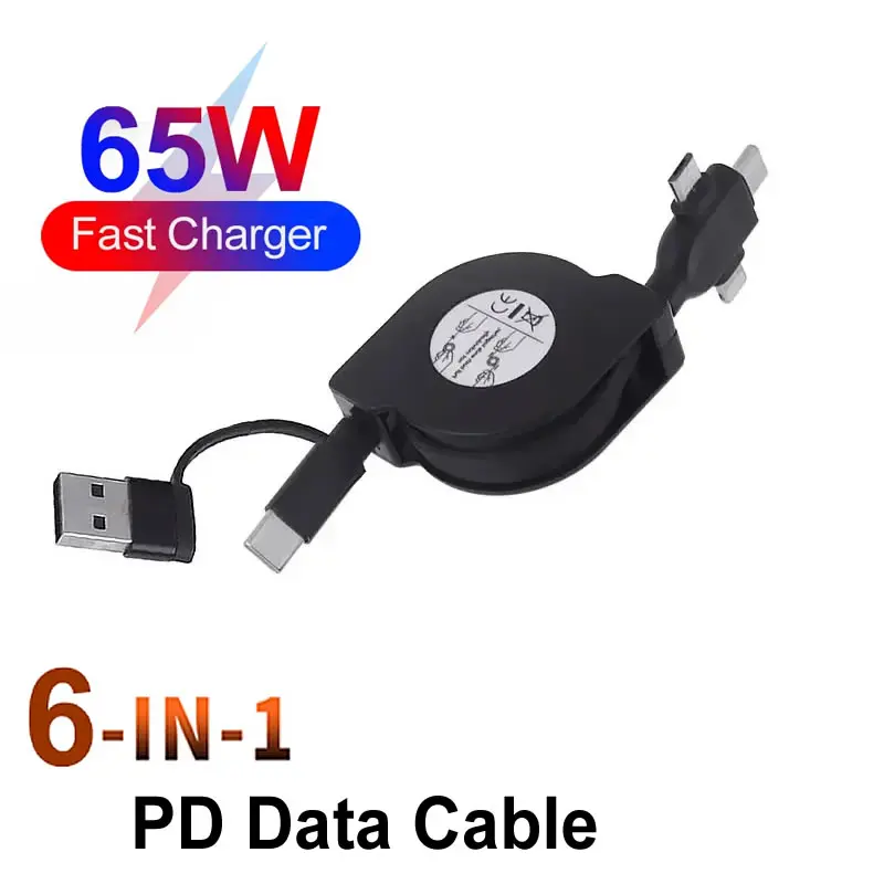 PD 65W Laptop Charger Cable 6 in 1 Retractable Data Cord USB C Fast Charging For iPhone Samsung MacBook Switch Type-C/Micro USB