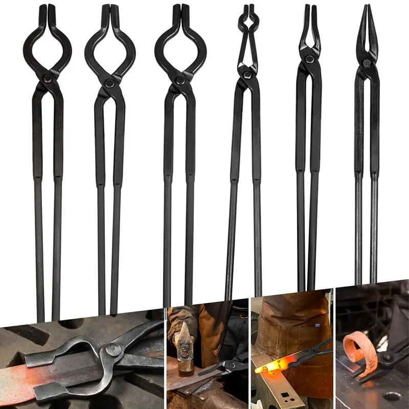 Beginner Blacksmith Tongs Knife Making Tong Set Anvil Vise Includes 1/4 Flat Jaw, Pick Up, Scroll, 3/8 1/2 5/8 V-Bit Tongs