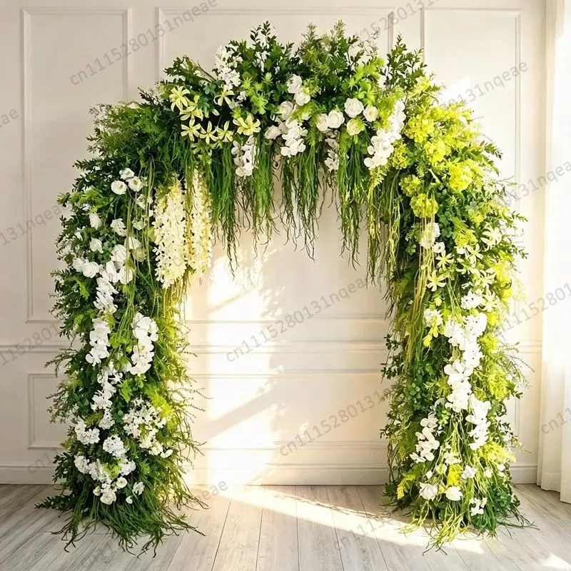 Artificial Macaron Blue Blush Flower Green Leaf U-Shaped Wrought Iron Arch Wedding Stage Decoration Adjustable Flower Stand
