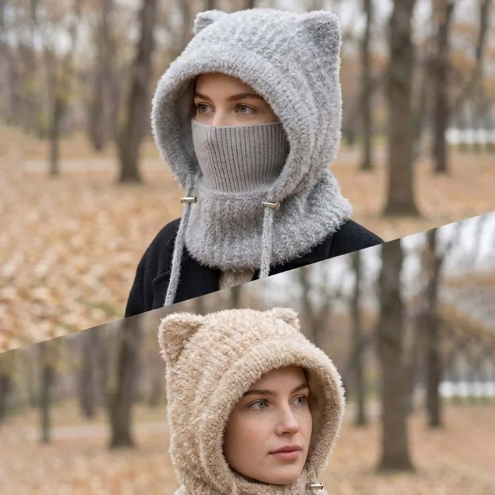 Mütze im japanischen Stil, winddicht, mit Katzenohren, verdickter, elastischer Kapuzenschal, gehäkelte integrierte Maske, Halswärmer, zum Skifahren – Detail 10