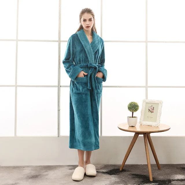 Terry Dressing Gown Women\'s Thick V Neck Winter Soft Long Sleeve Ladies Bathrobe with Sashes Flannel Pocket Plus Size Home Wear