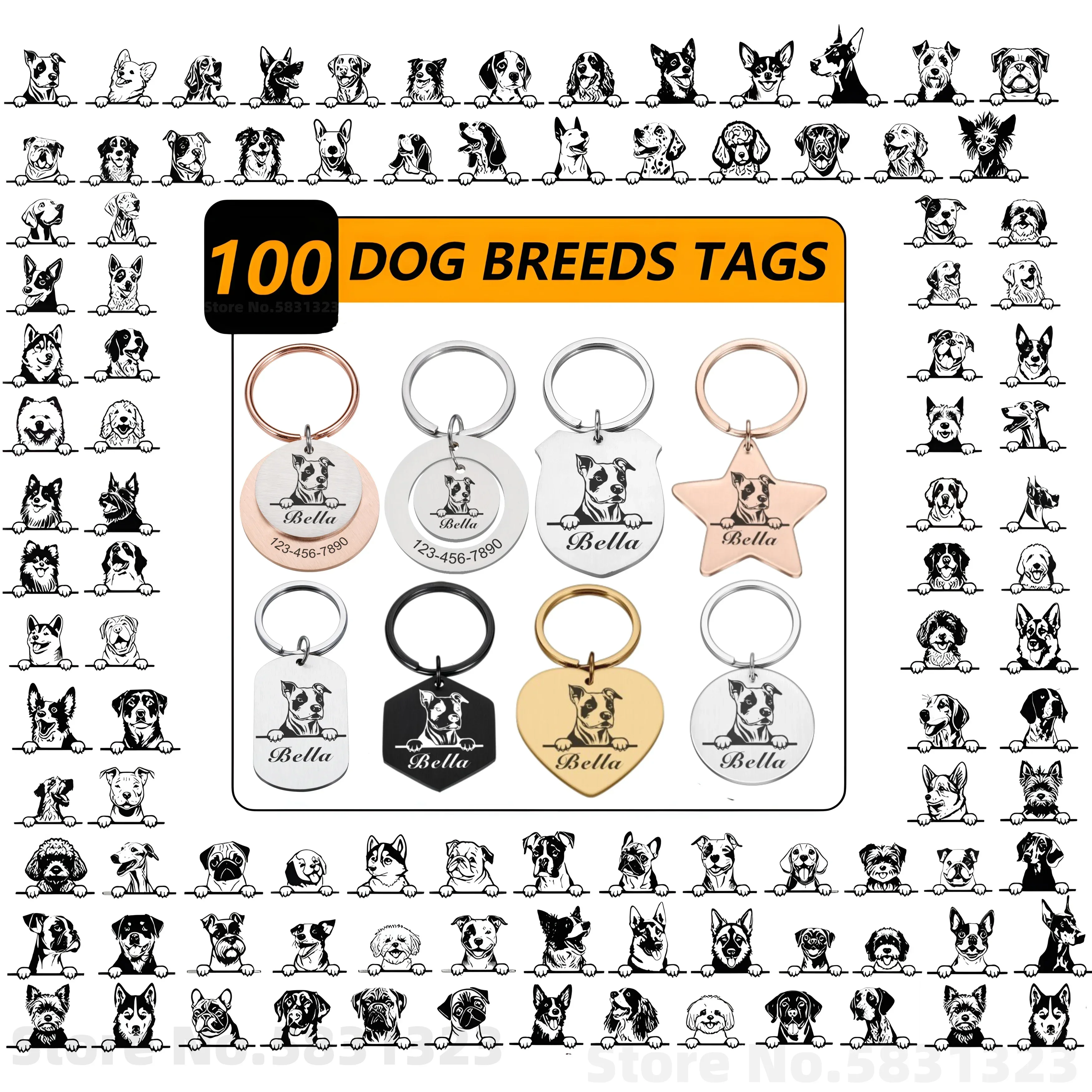 Personalized Pet ID Tag 100 Breeds Dog Puppy Collar ID Tag Stainless Steel Engraved Pet ID Name Collar Pendant Pet Accessories