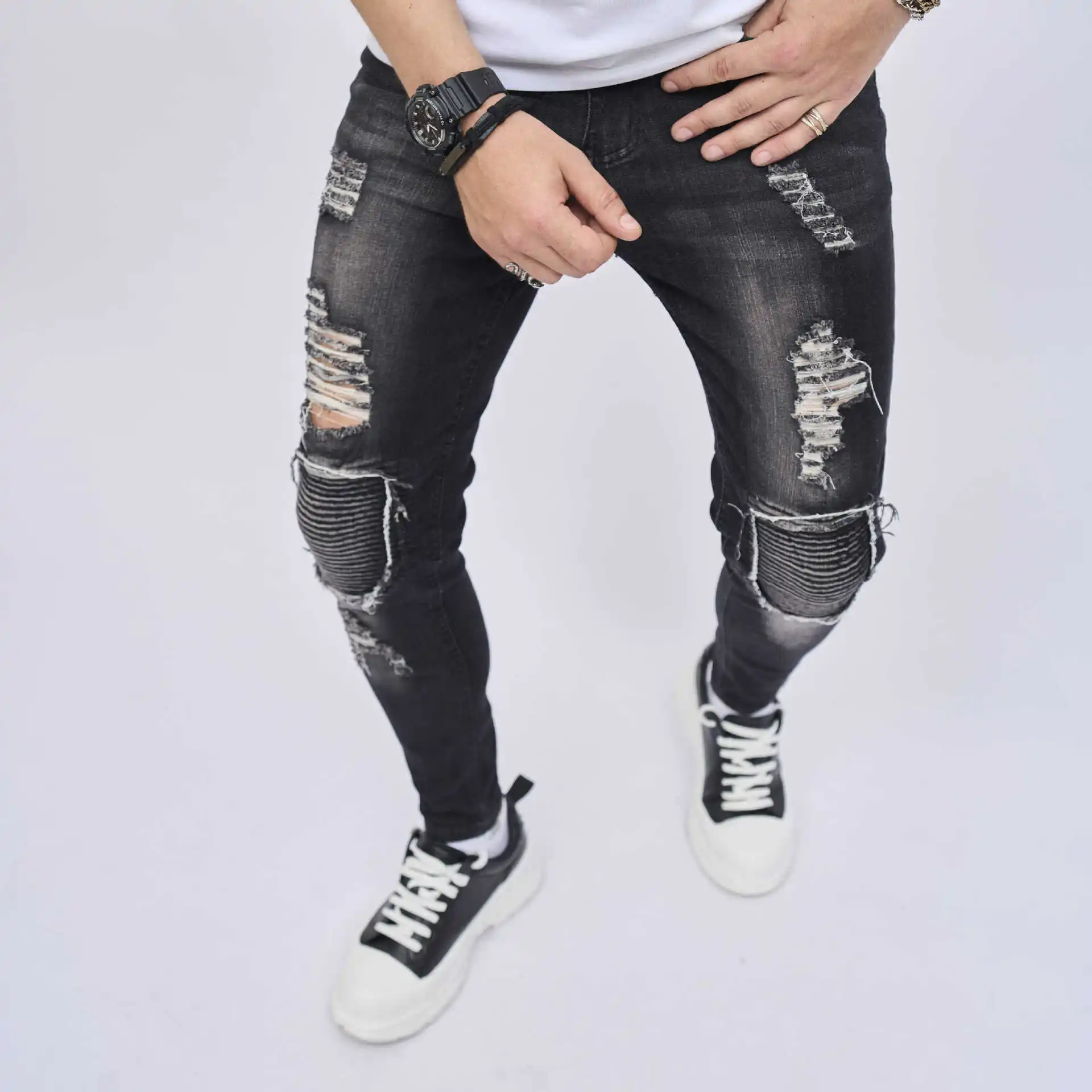Men's Hip Hop Youth Street Black Jenas Fashion Stretchy Ripped Skinny Big Size Men Denim Pants Mens Casual  Designer  Trousers