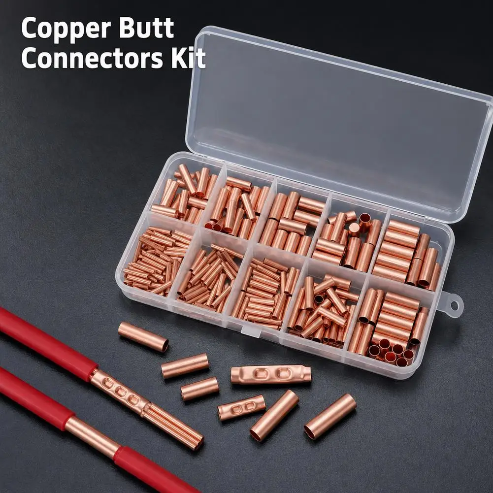 250Pcs Copper Wire Connectors Kit GT Non Insulated Butt Crimp Terminals Electric Cable Sleeve Splice Lug Set With Box