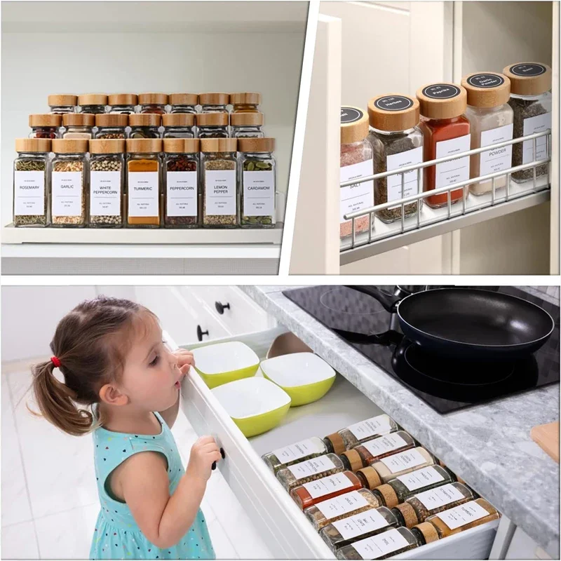 8/12pcs Glass Spice Jars with Label Bottles Bamboo Seasoning Containers Shaker Lids with Empty Spice Jars Storage Containers Set