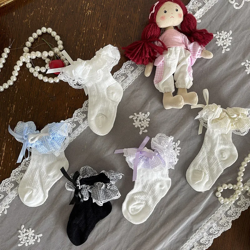 Kids Students Gingham Lace Short Socks Double Layer Thin Cotton Bow Girls Ankle Socks Children Princess Accessories
