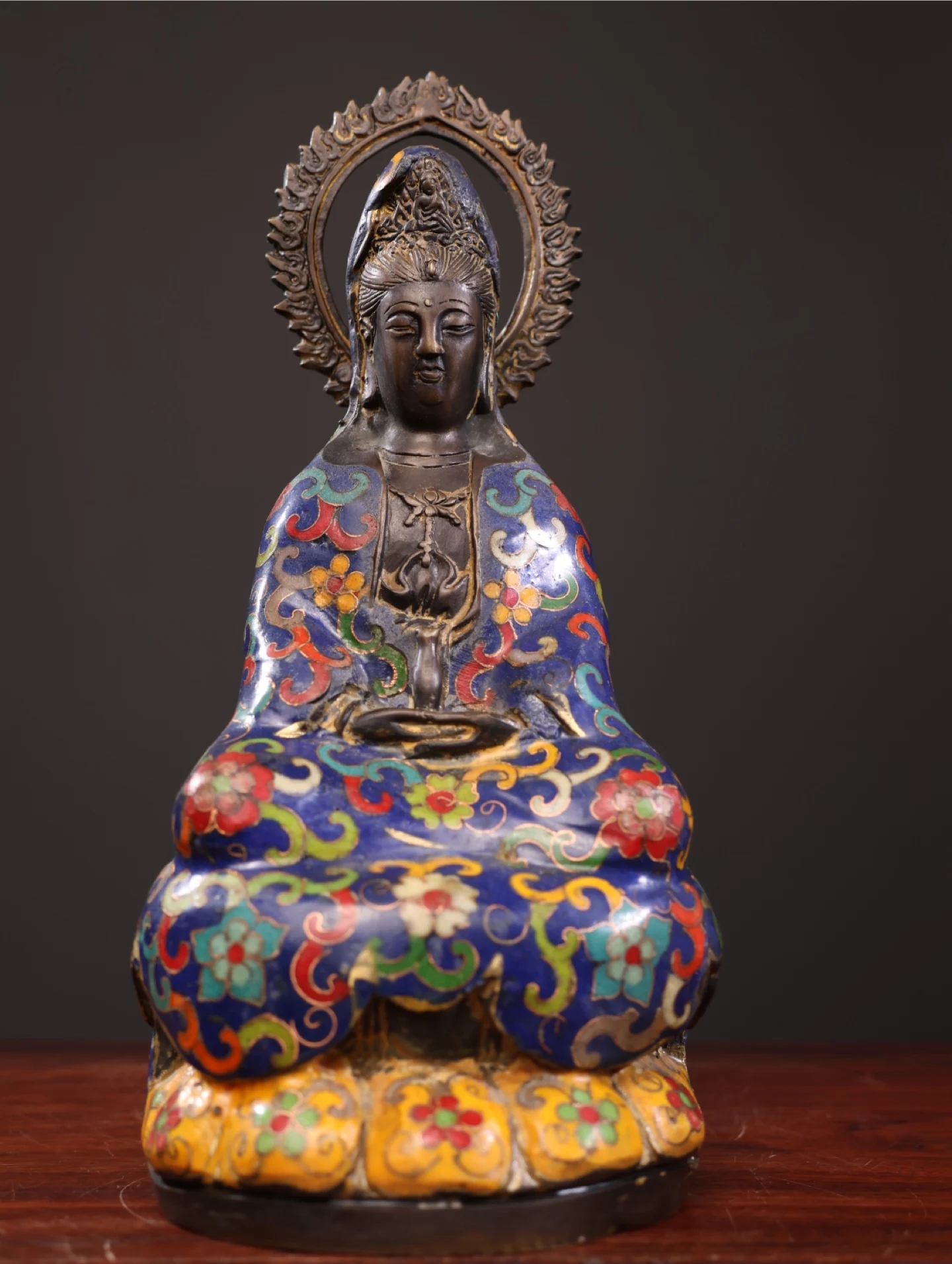 

10-дюймовая коллекция, бронзовая перегородчатая подсветка головы, чистая бутылка, Бодхисаттва Гуаньинь, сидящий Будда, лотос, Будда, терраса, зал поклонения