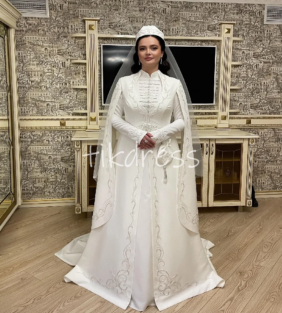 

Traditional Circassian Caucasian Wedding Dress With Beaded Caftan Long Sleeve Turkish Bridal Dress Muslim Russia BrideCustomized