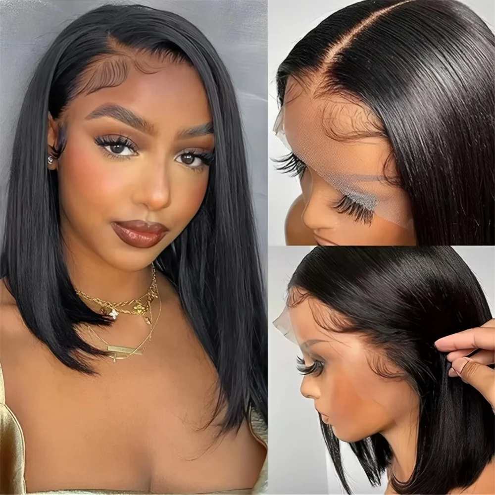 Perruque Lace Front 13x4 Brésilienne Courte Bob Lisse Noir Naturel 8-14 Pouces Sans Colle Douce Épaisse Respirante Pour Femmes