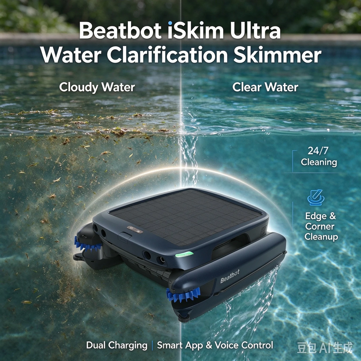 Beatbot iSkim Ultra Smart Pool Skimmer, 24/7 Cleaning, Solar Power, Dual Charging, Water Clarification for Inground