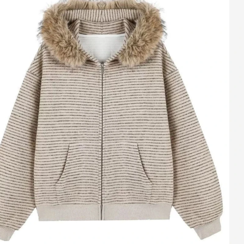 

Hooded Striped Coat Autumn and Winter American Loose Zipper Women's Sweater