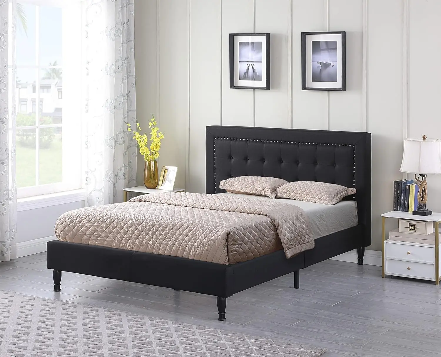 Volledig Gestoffeerd Platform Bedframe Met Getuft Doek Met 43.5 "Hoge Hoofdeinde-Knop