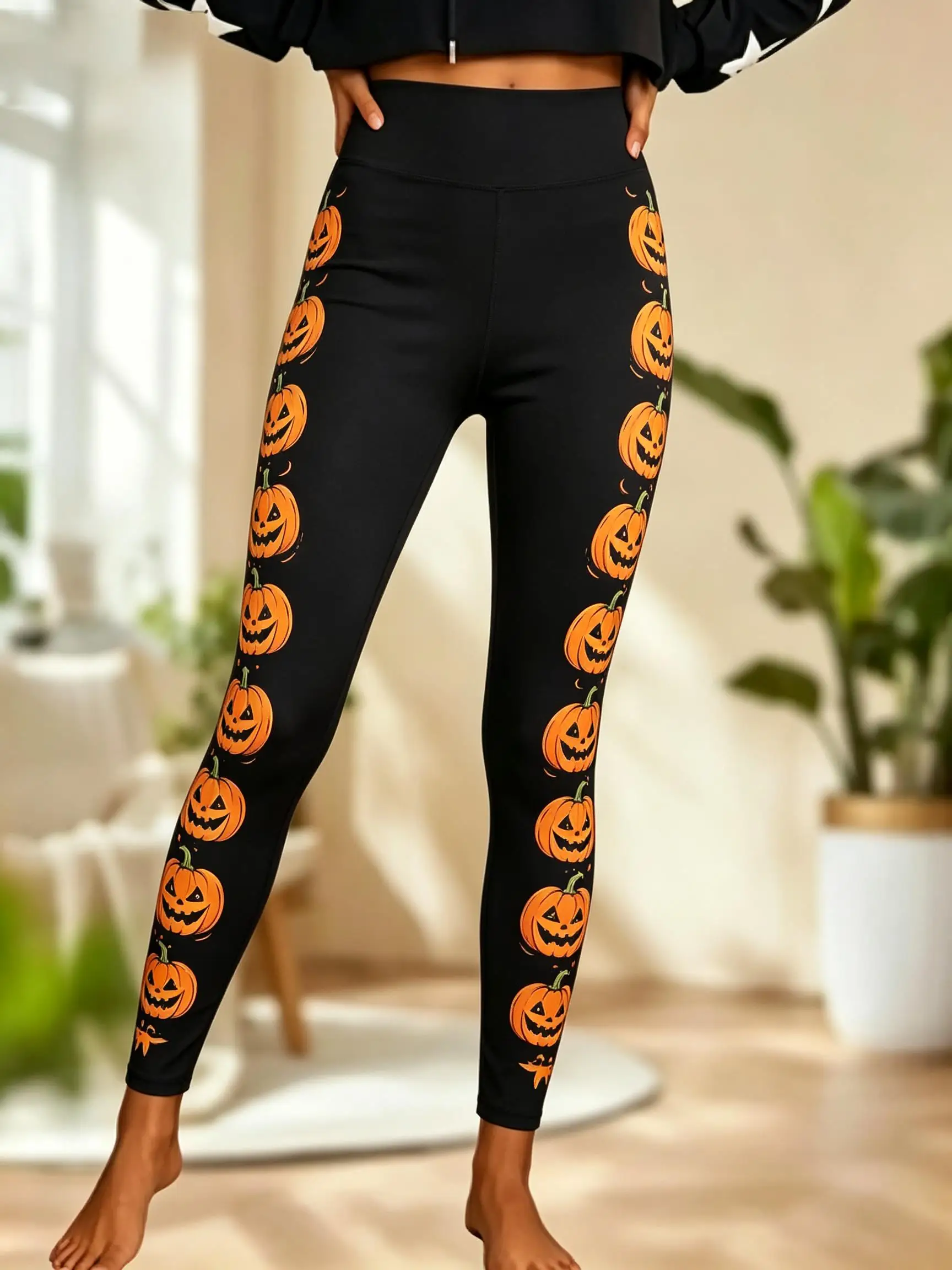 Women Halloween Fleece Mid‑Rise Leggings Side Jack‑o'‑lantern Pumpkin Vine Full Print Stretch Slim Pants