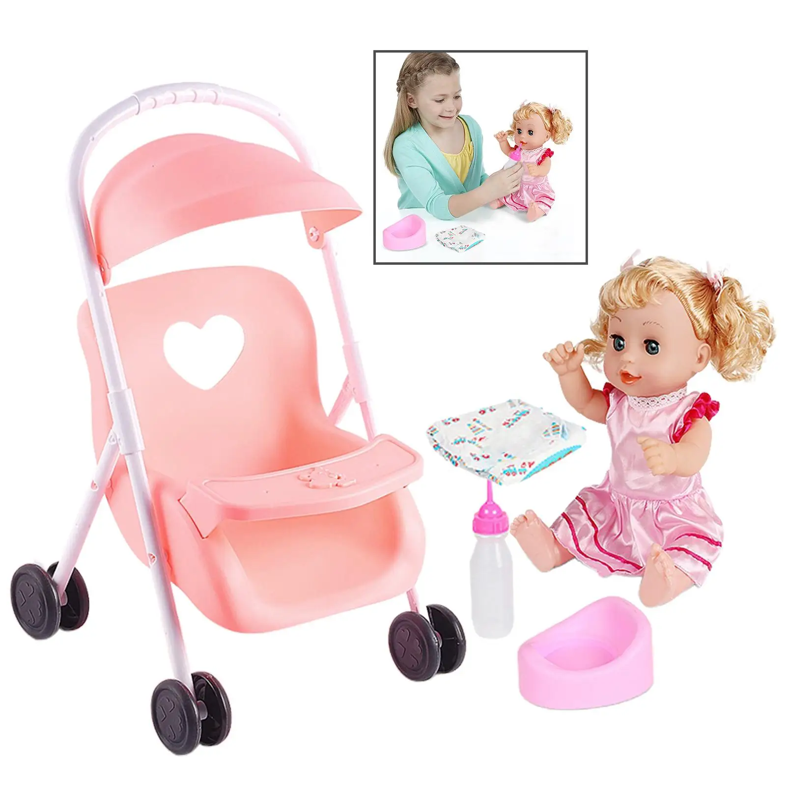 Dolls Baby Girl Doll with Mini Stroller Carriages for Children Toys Pink