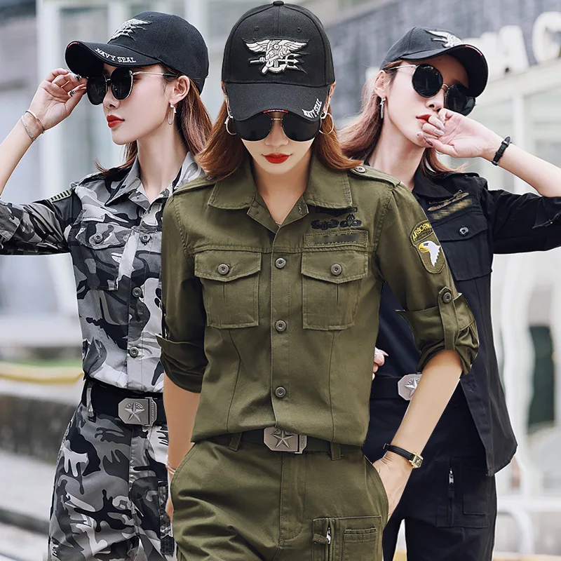 New Women Military Tactical Shirts Long Sleeve Cotton Army Cargo Shirts Chest Pockets Women\'s Casual Work Shirt