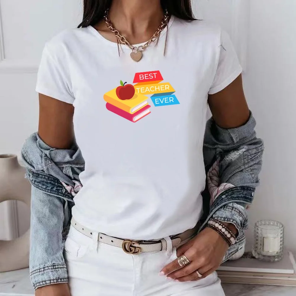 Camiseta gráfica com decote em O feminino, blusa feminina, macia, esportiva, camisa respirável, roupa estampada para professores, moda casual, tendência, 2022